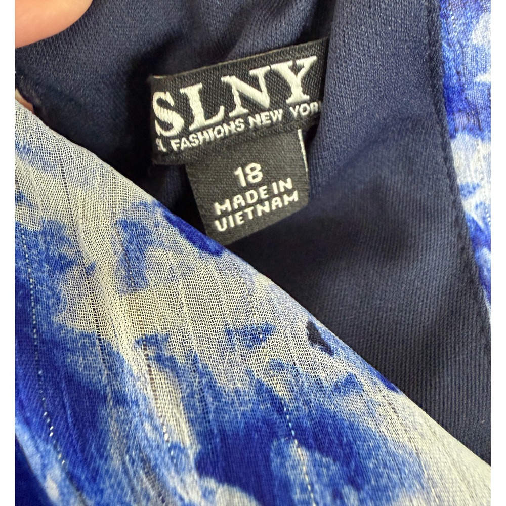 SLNY Blue Floral Tiered Halter Dress Metallic Stripe Size 18 Resortwear Vacation - Picture 7 of 11